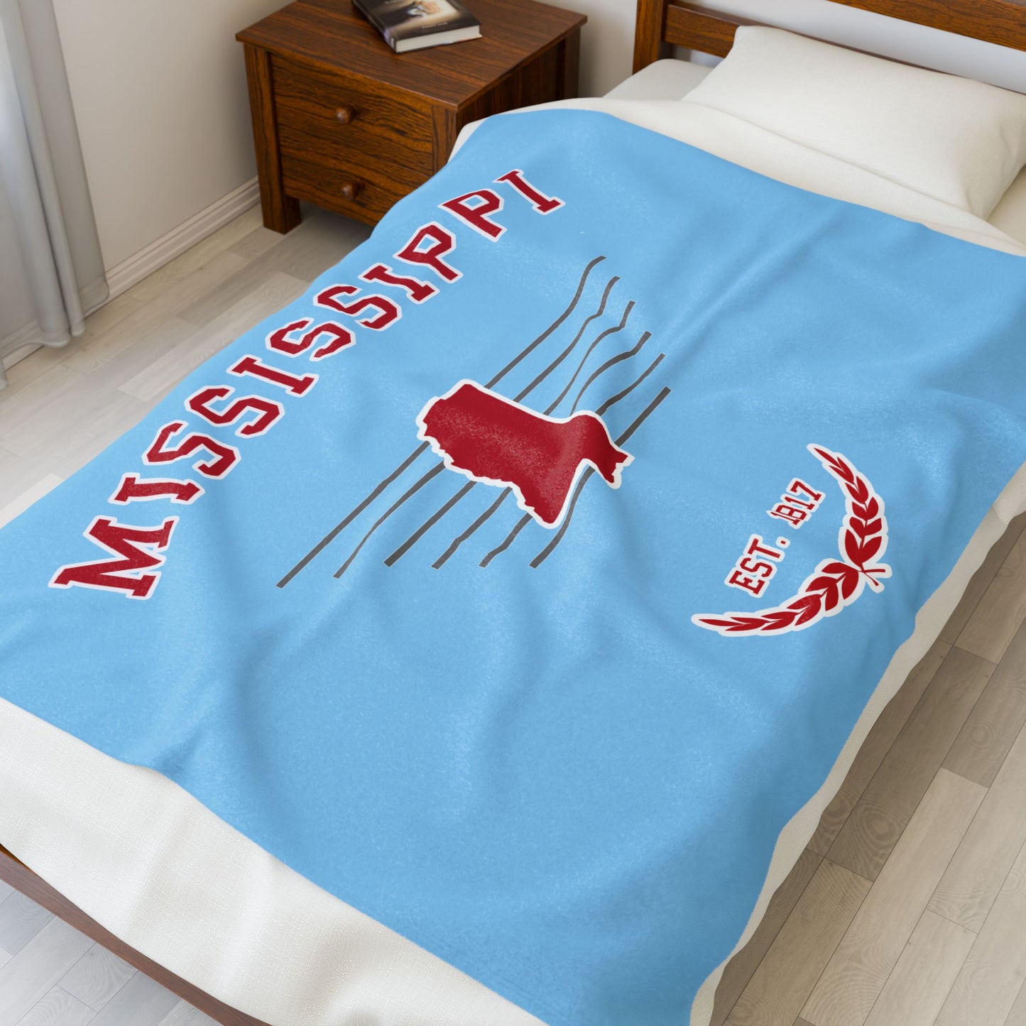 "Mississippi" Est.1817 Plush Blanket - Powder Blue/Red