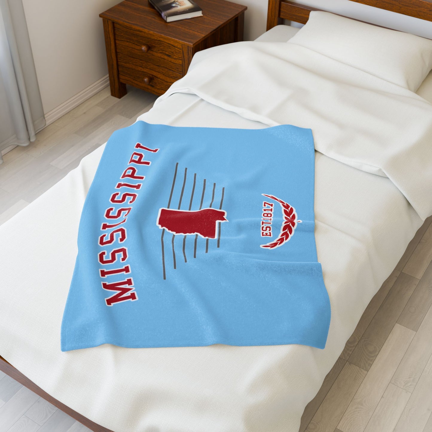 "Mississippi" Est.1817 Plush Blanket - Powder Blue/Red